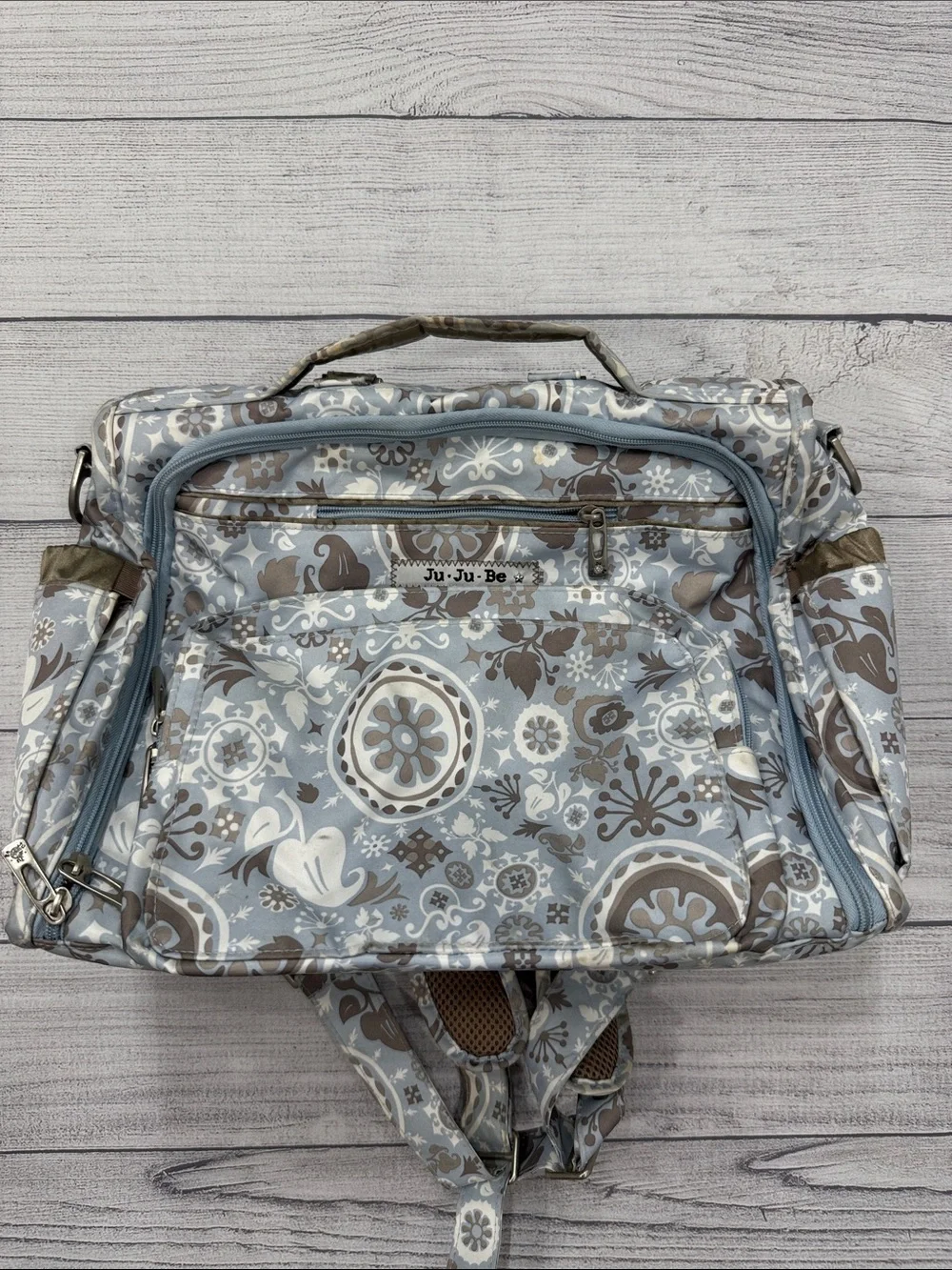 Ju-Ju-Be Light Blue Taupe Floral Diaper Bag Backpack with Changing Pad